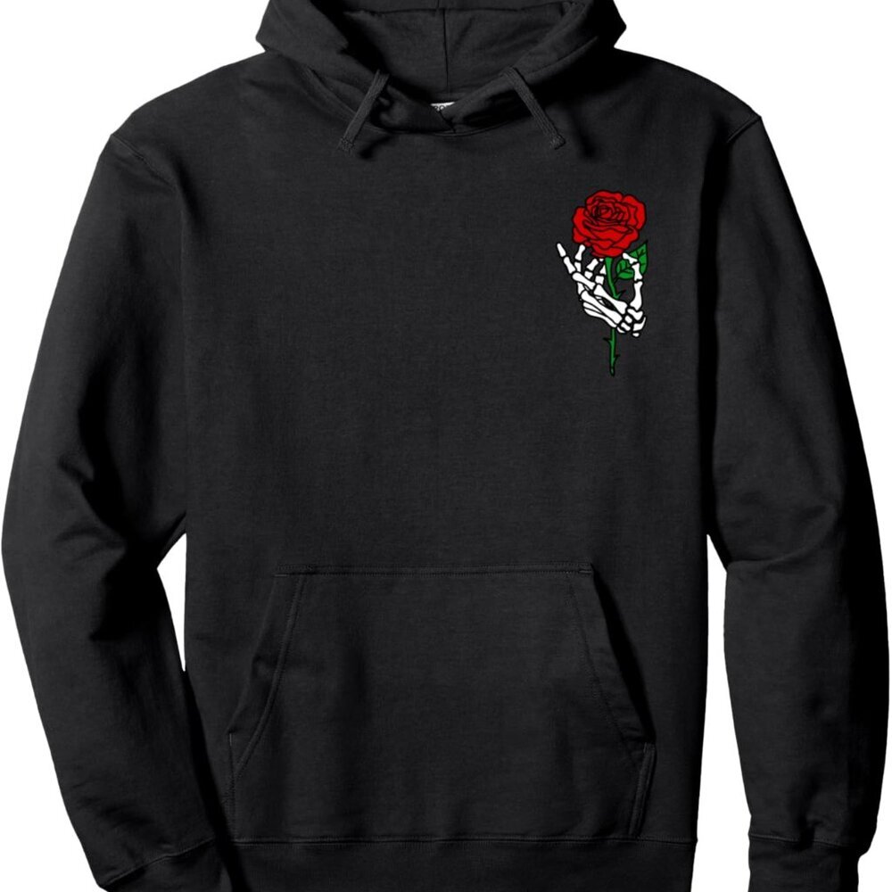 Skeleton Hand Holding Rose Hoodie, Tattoo Hoodies Pullover Hoodie